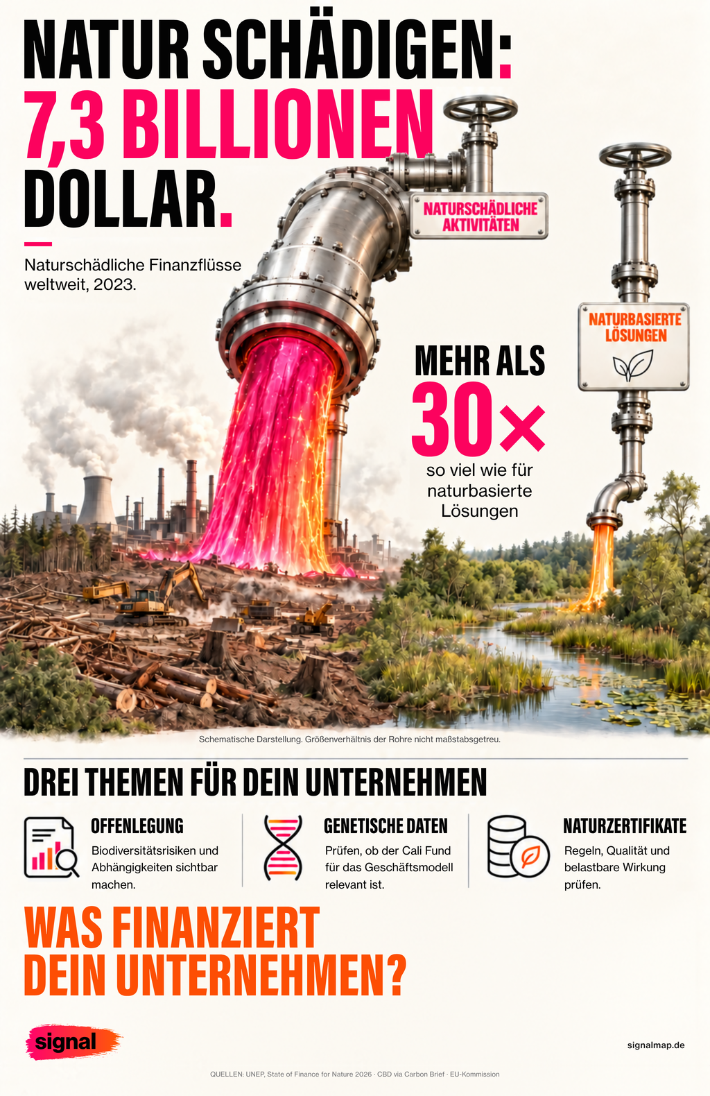 Infographic: Harming nature: 7.3 trillion dollars. Nature-harmful finance flows worldwide in 2023, more than 30 times what goes into nature-based solutions